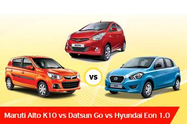 新Maruti Alto K10 VS Hyundai Eon 1.0 VS Datsun Go规范比较