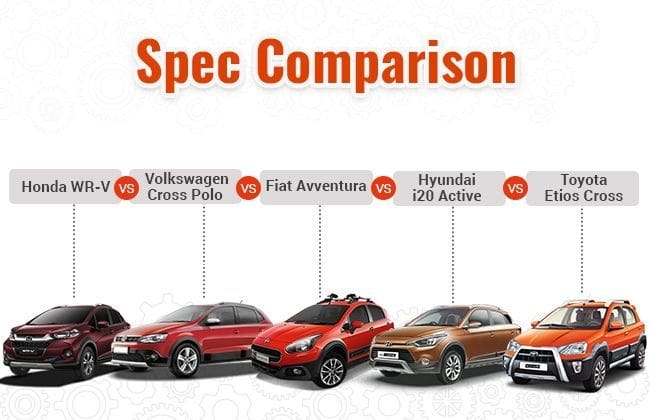 本田WR-V VS Hyundai I20活跃VS FIAT Avventura VS Toyota Etios Cross VS Volkswagen Cross Polo：规格比较