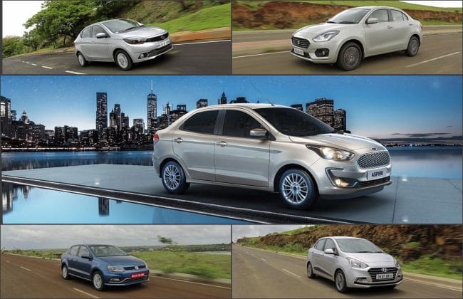 规格比较：福特渴望2018年VS Maruti Suzuki Dzire vs本田惊人vs Hyundai xcent vs大众汽车ameo vs tata tigor