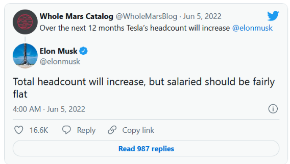 Musk says Tesla salaried workforce will be 'flat', total headcount will increase